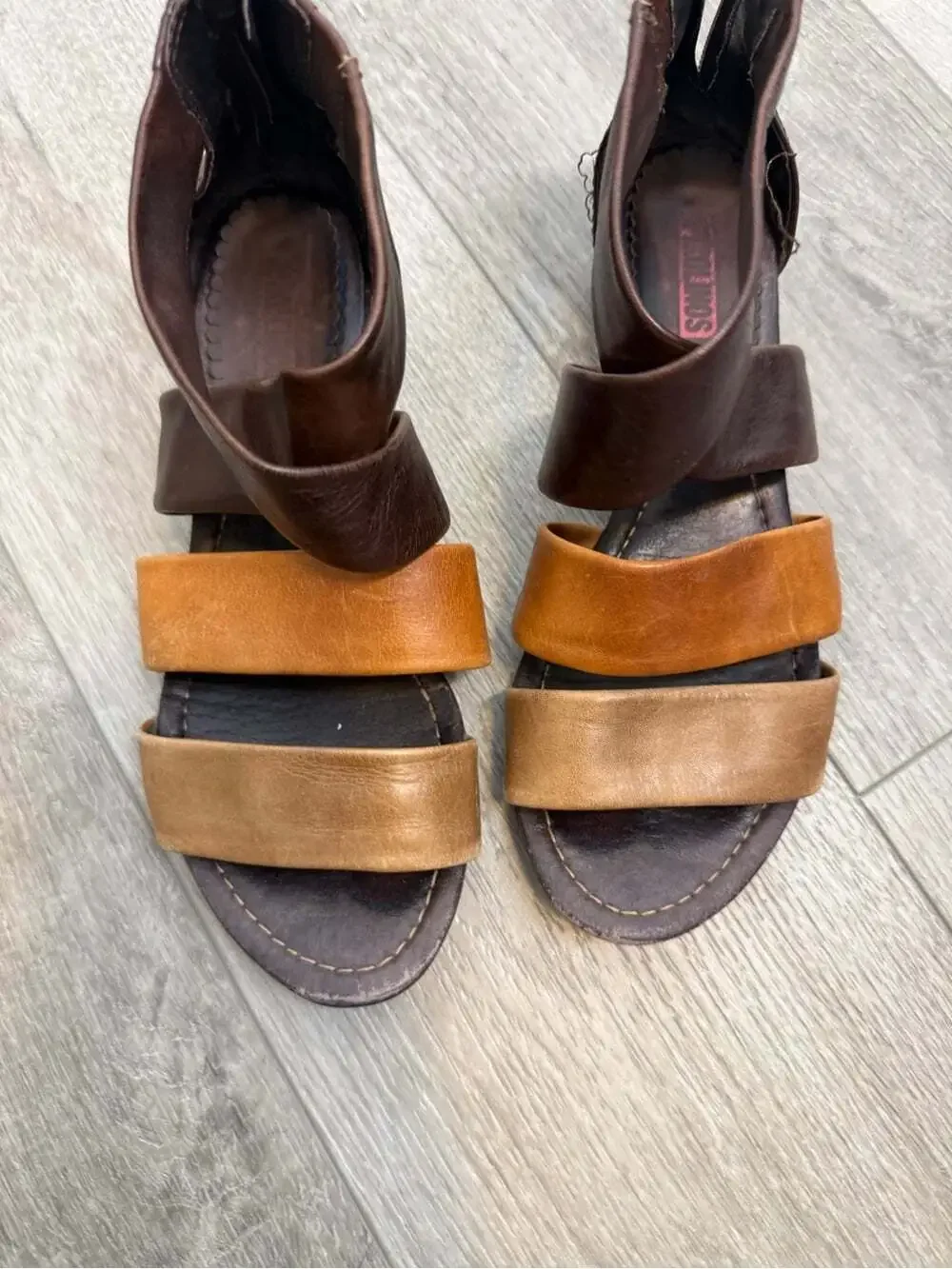 PIKOLINOS Two-Tone Leather Wedge Sandals - Dark Brown & Tan size 38